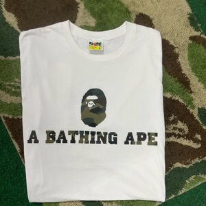 A Bathing Ape Green Camo Bape Spellout White Tee Shirt Medium